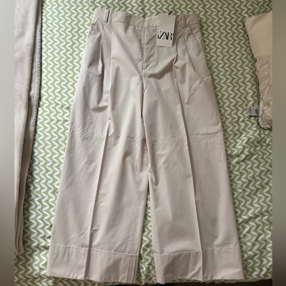 Zara Wide-Leg Pleated Pants - Light Beige